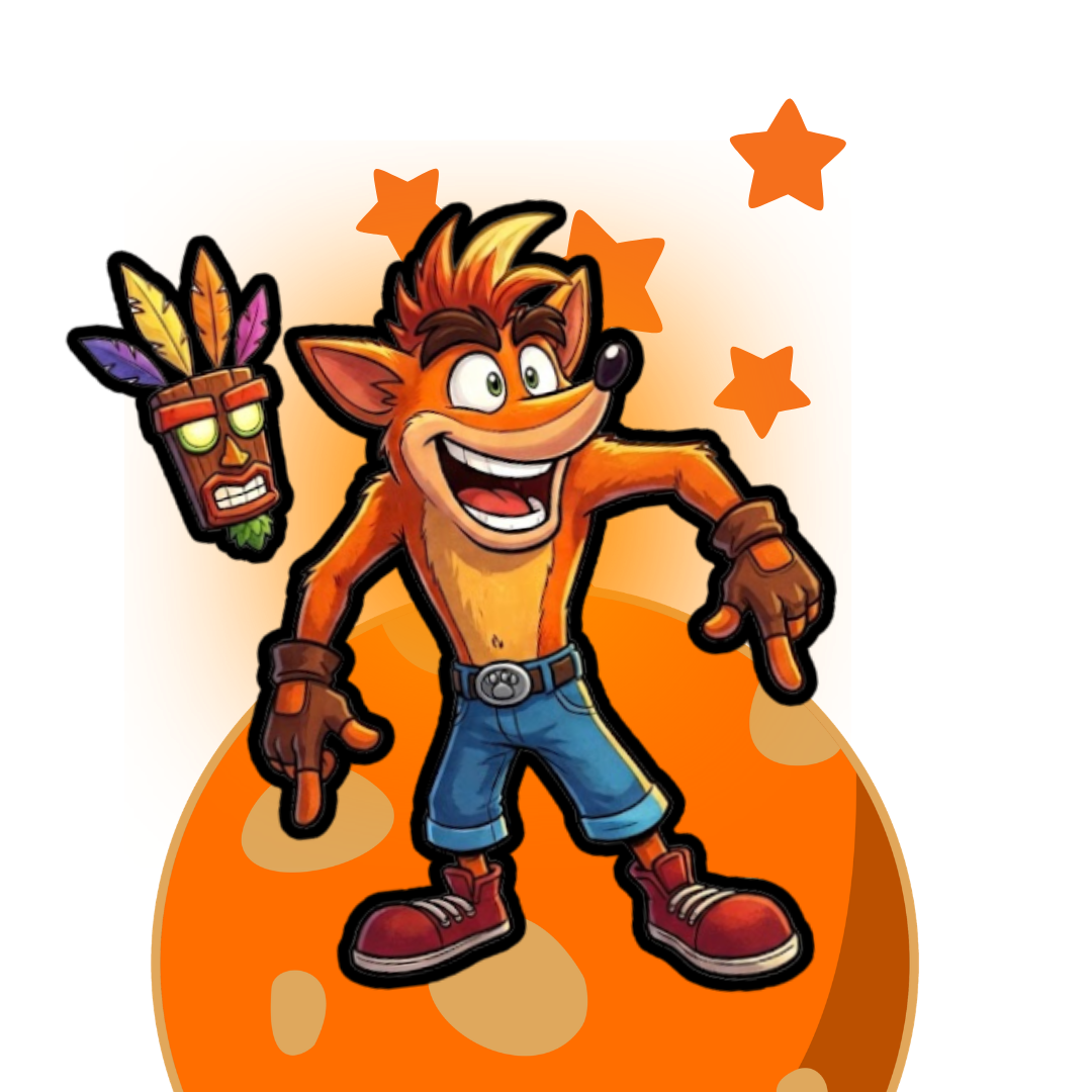 A cartoon-style character illustration of Crash Bandicoot standing in front of a large orange circle with star shapes, plus a small aku aku mask to the left, on a black background.